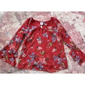 CAbi Women's Red Floral Chiffon Bell Sleeve Blouse Size M